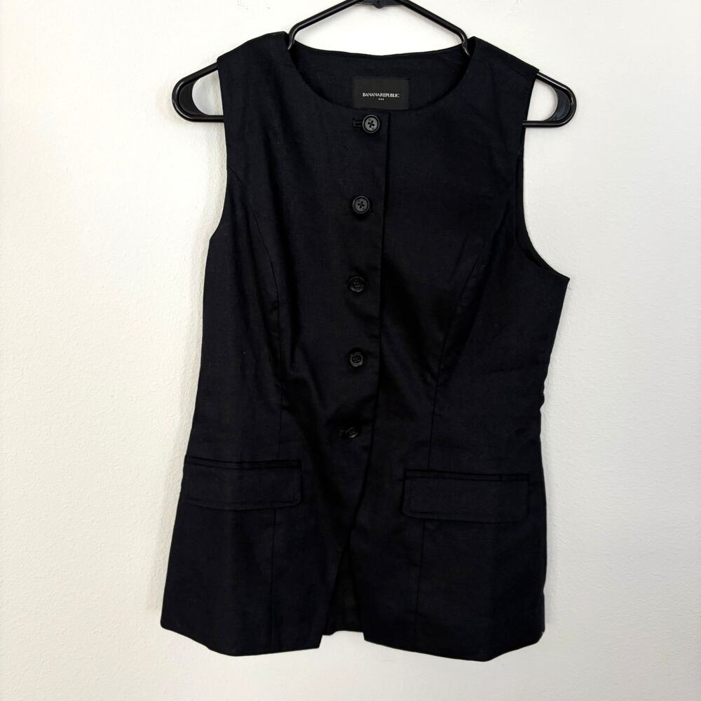 Banana Republic Factory Black Linen Blend Long Cutaway Vest (S) - Picture 2 of 7